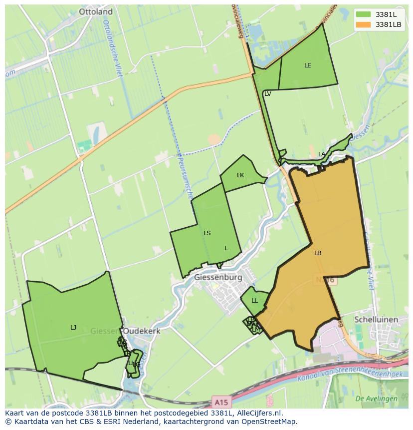 Afbeelding van het postcodegebied 3381 LB op de kaart.