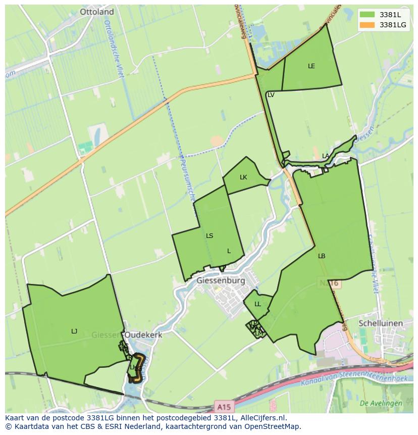 Afbeelding van het postcodegebied 3381 LG op de kaart.