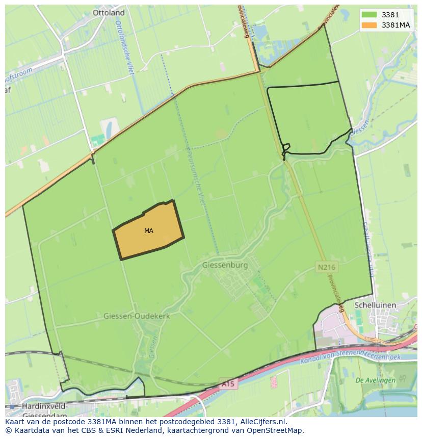 Afbeelding van het postcodegebied 3381 MA op de kaart.