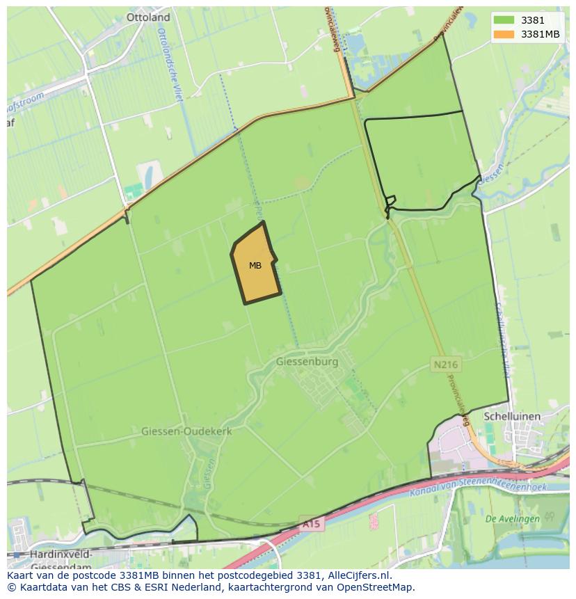 Afbeelding van het postcodegebied 3381 MB op de kaart.