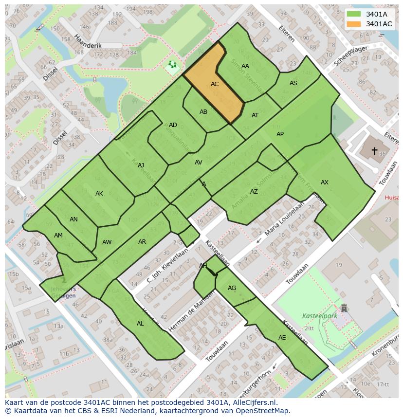 Afbeelding van het postcodegebied 3401 AC op de kaart.