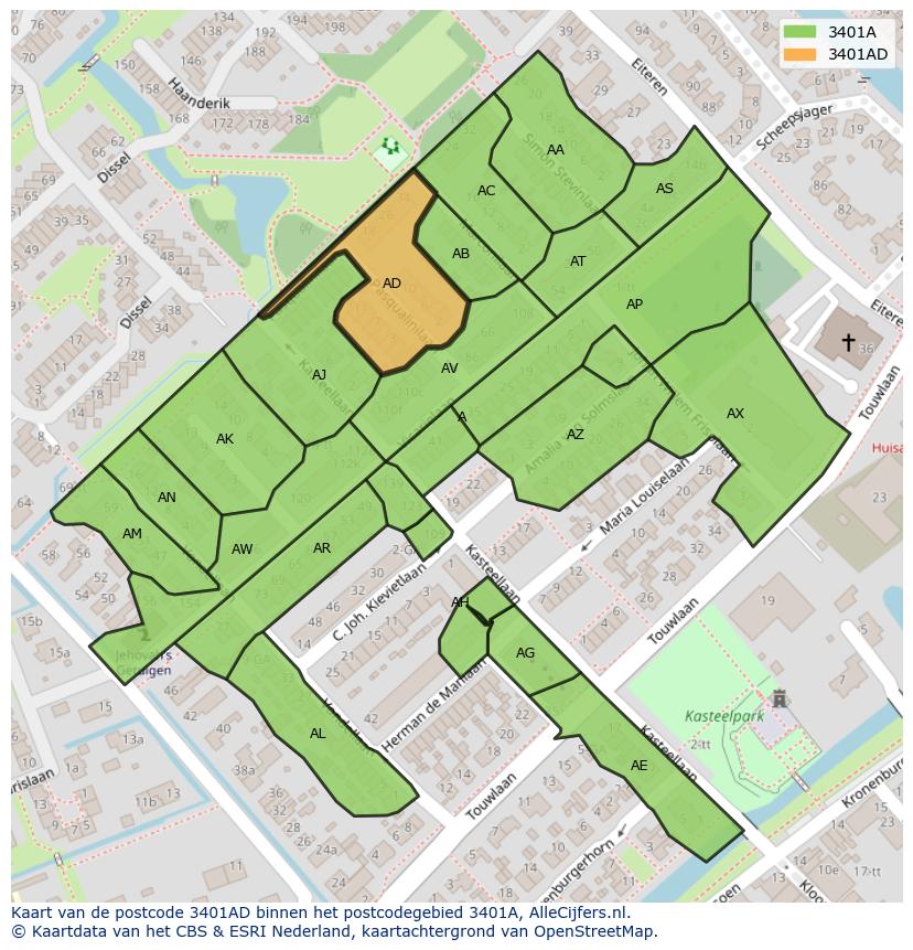 Afbeelding van het postcodegebied 3401 AD op de kaart.