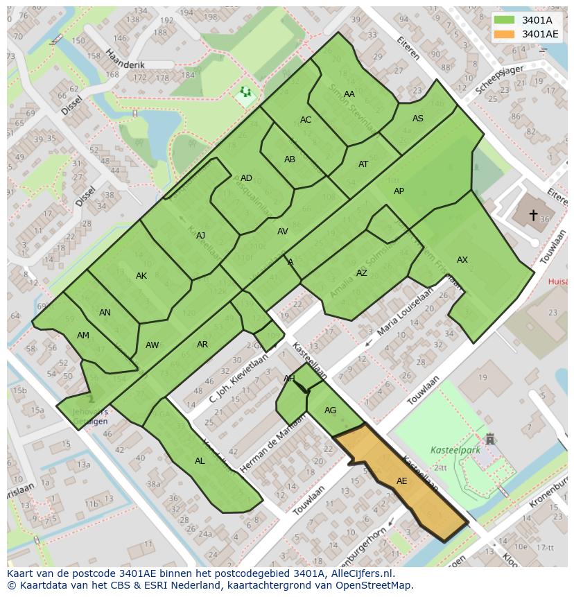 Afbeelding van het postcodegebied 3401 AE op de kaart.