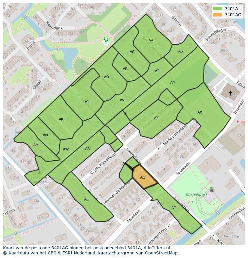 Afbeelding van het postcodegebied 3401 AG op de kaart.