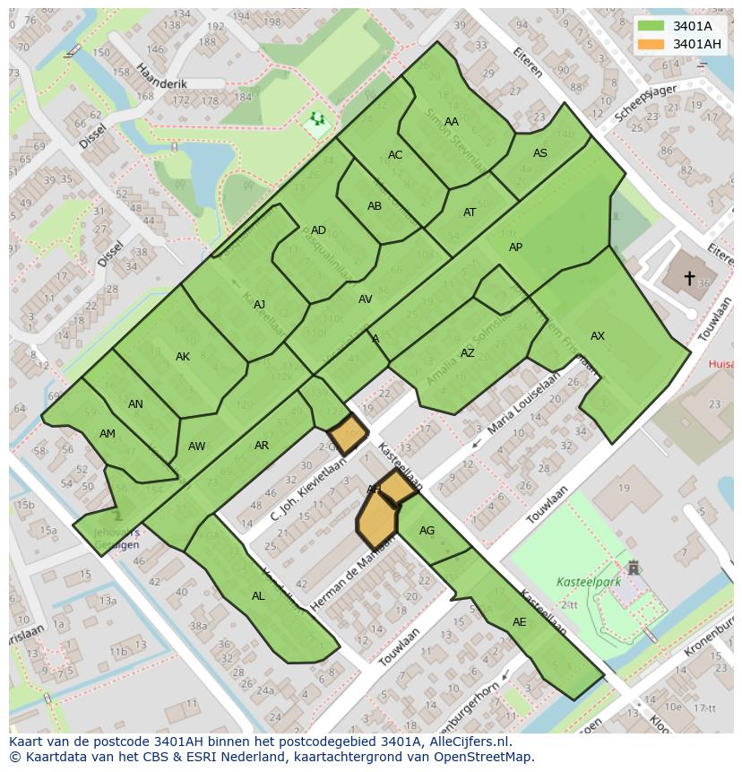 Afbeelding van het postcodegebied 3401 AH op de kaart.