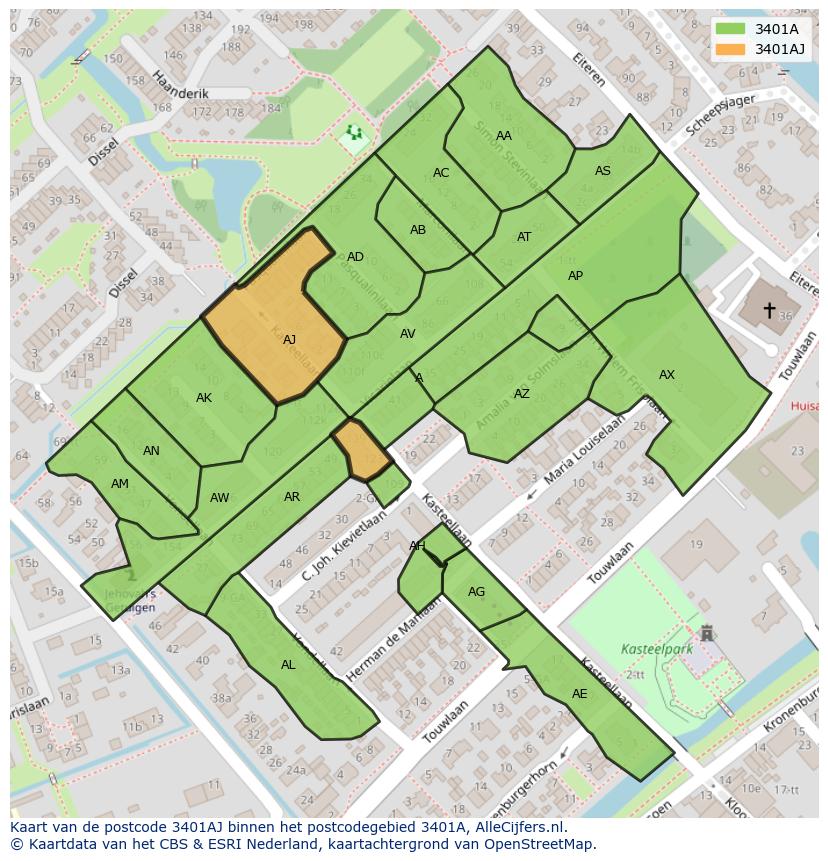 Afbeelding van het postcodegebied 3401 AJ op de kaart.