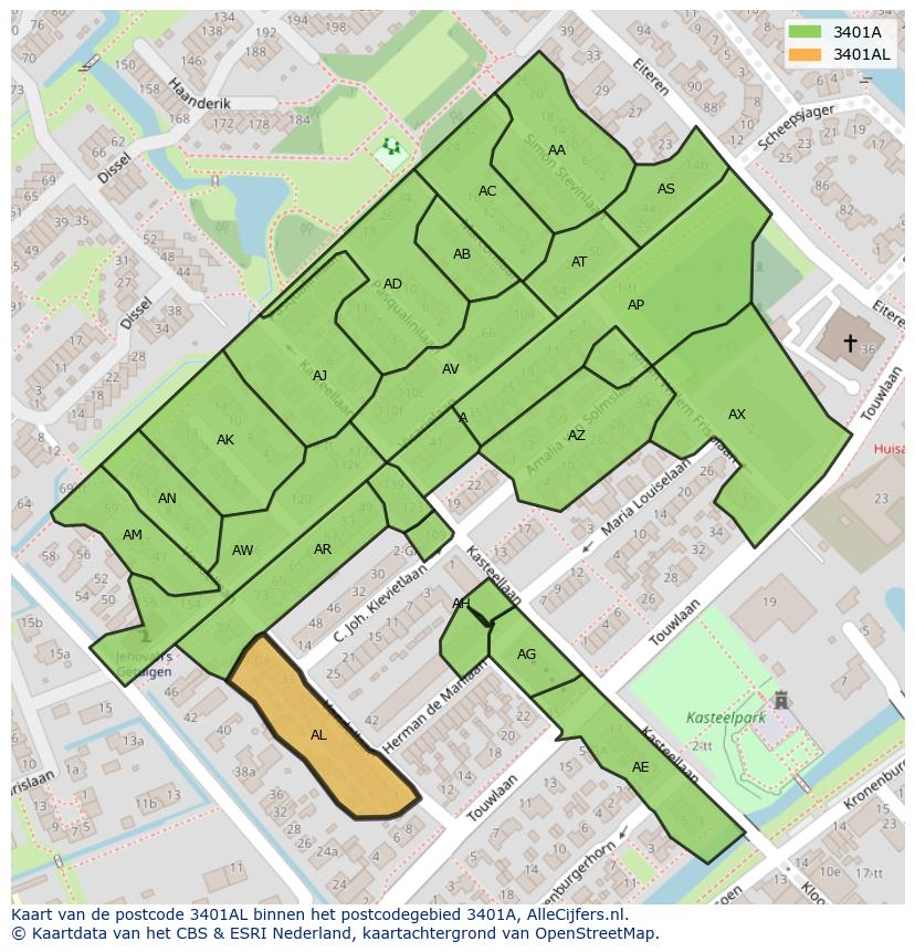 Afbeelding van het postcodegebied 3401 AL op de kaart.