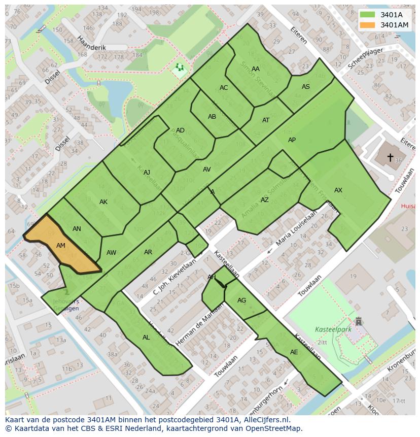 Afbeelding van het postcodegebied 3401 AM op de kaart.