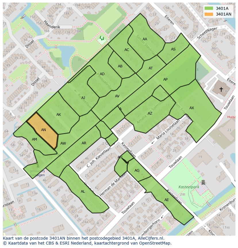 Afbeelding van het postcodegebied 3401 AN op de kaart.