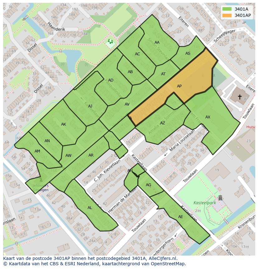 Afbeelding van het postcodegebied 3401 AP op de kaart.
