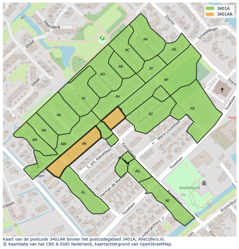 Afbeelding van het postcodegebied 3401 AR op de kaart.