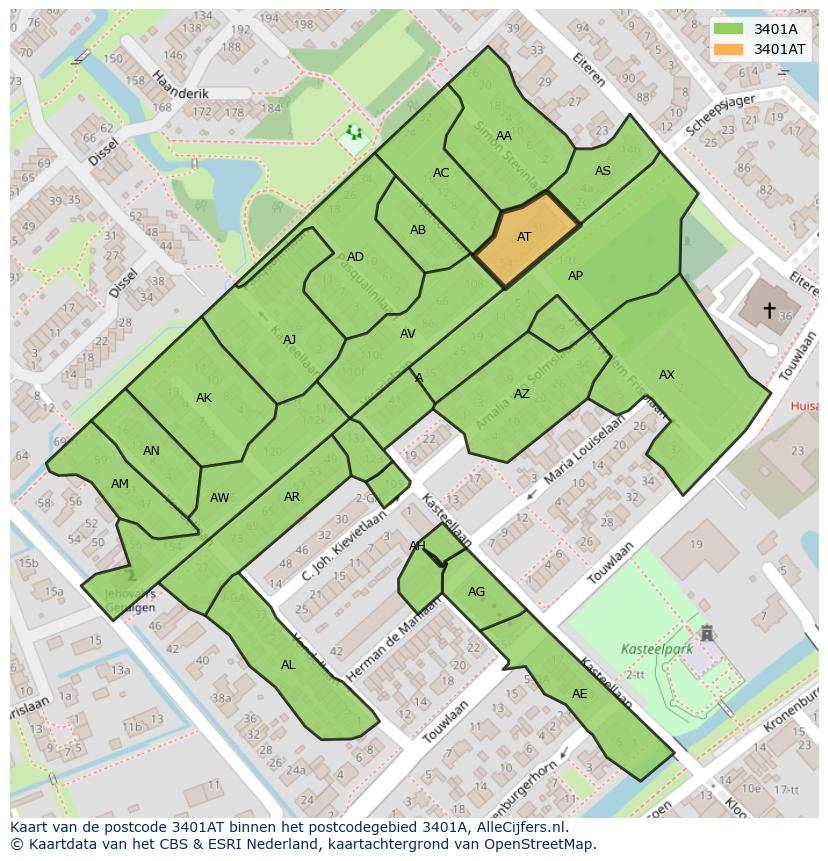Afbeelding van het postcodegebied 3401 AT op de kaart.