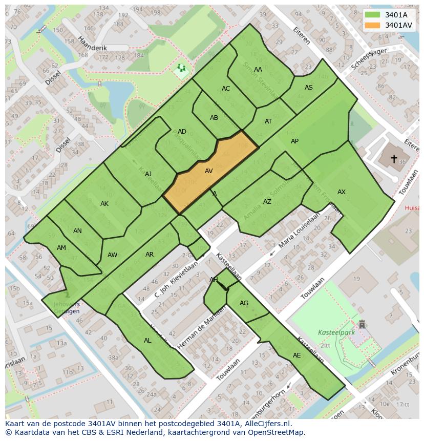 Afbeelding van het postcodegebied 3401 AV op de kaart.