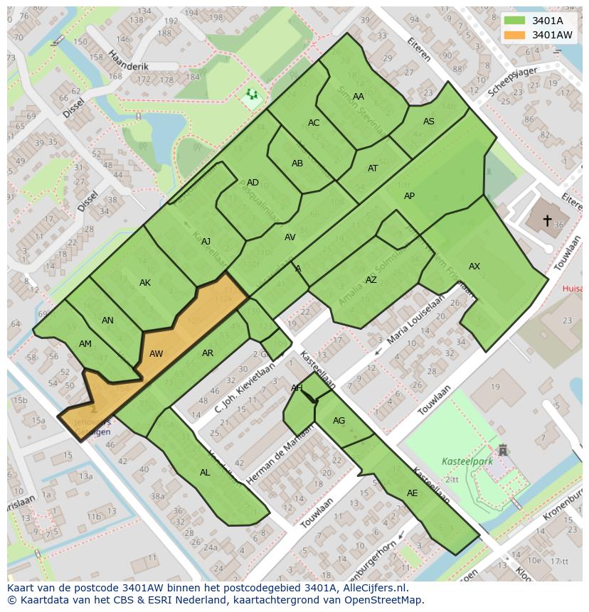 Afbeelding van het postcodegebied 3401 AW op de kaart.