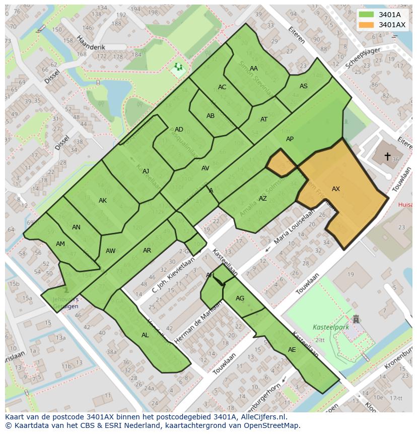 Afbeelding van het postcodegebied 3401 AX op de kaart.