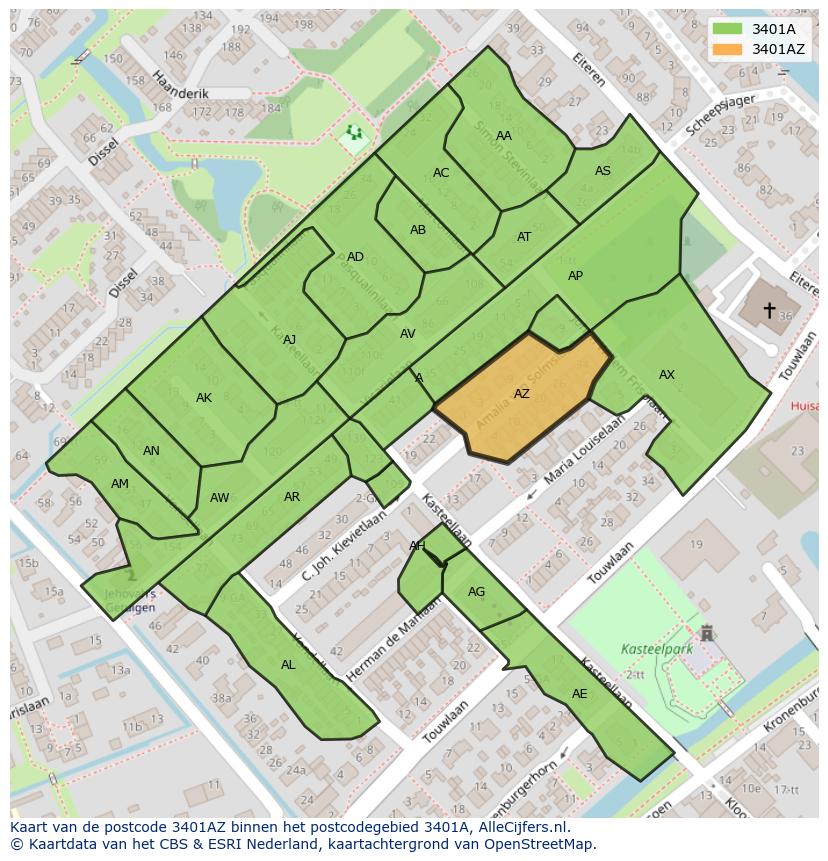 Afbeelding van het postcodegebied 3401 AZ op de kaart.