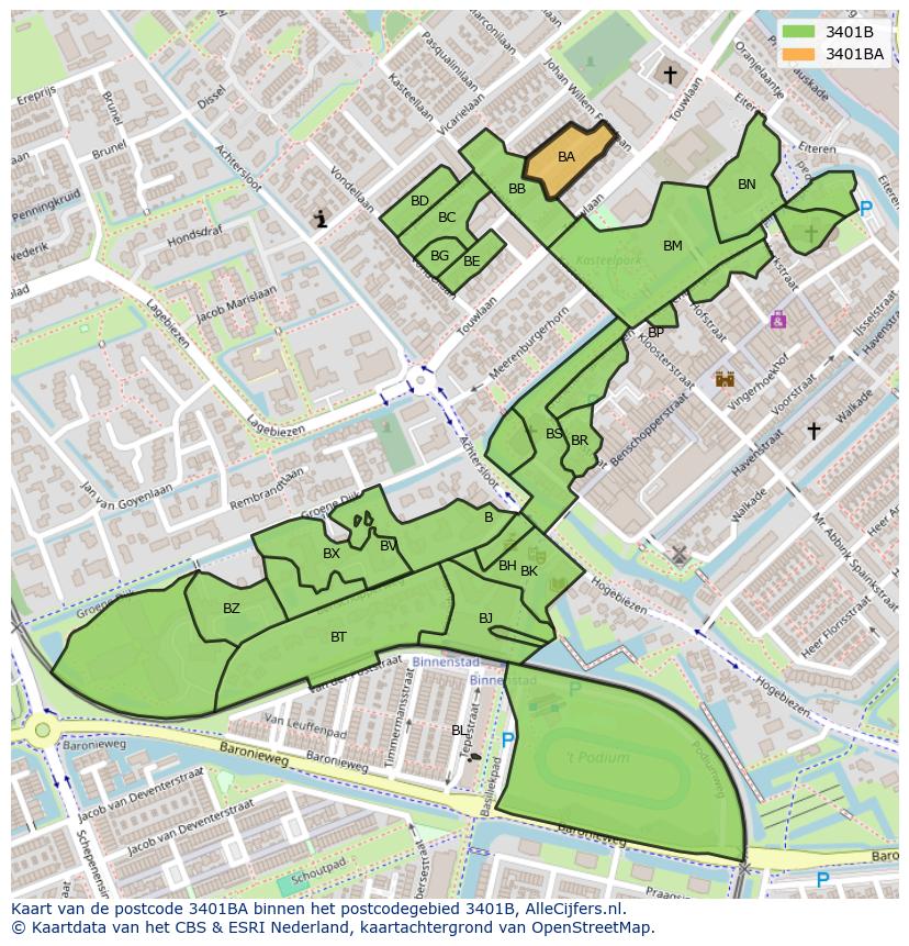 Afbeelding van het postcodegebied 3401 BA op de kaart.