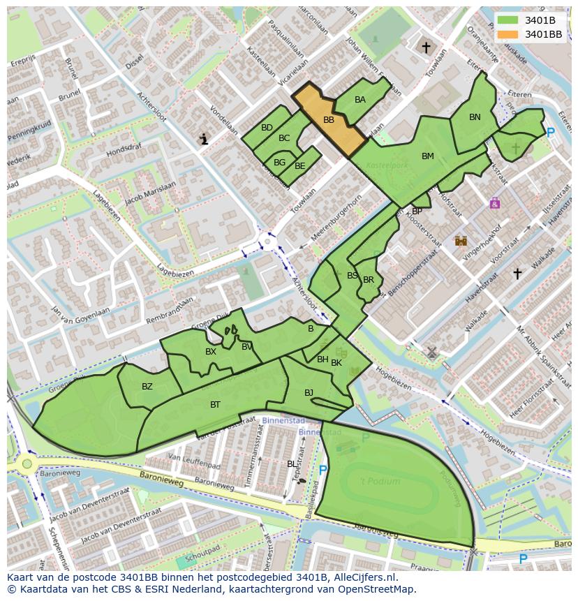 Afbeelding van het postcodegebied 3401 BB op de kaart.