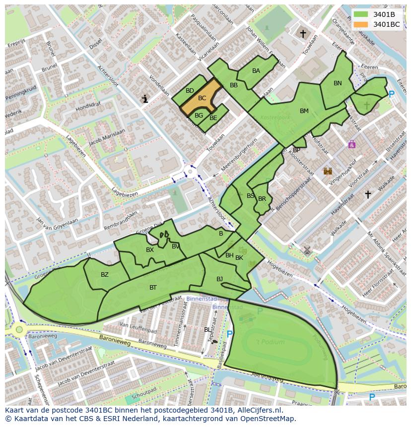 Afbeelding van het postcodegebied 3401 BC op de kaart.