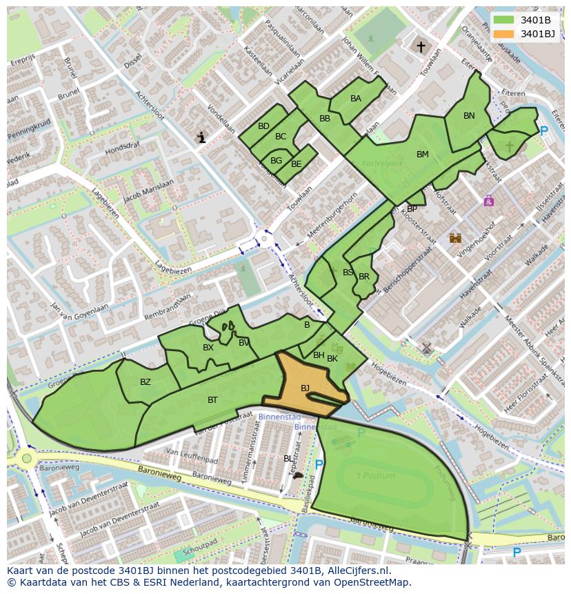 Afbeelding van het postcodegebied 3401 BJ op de kaart.