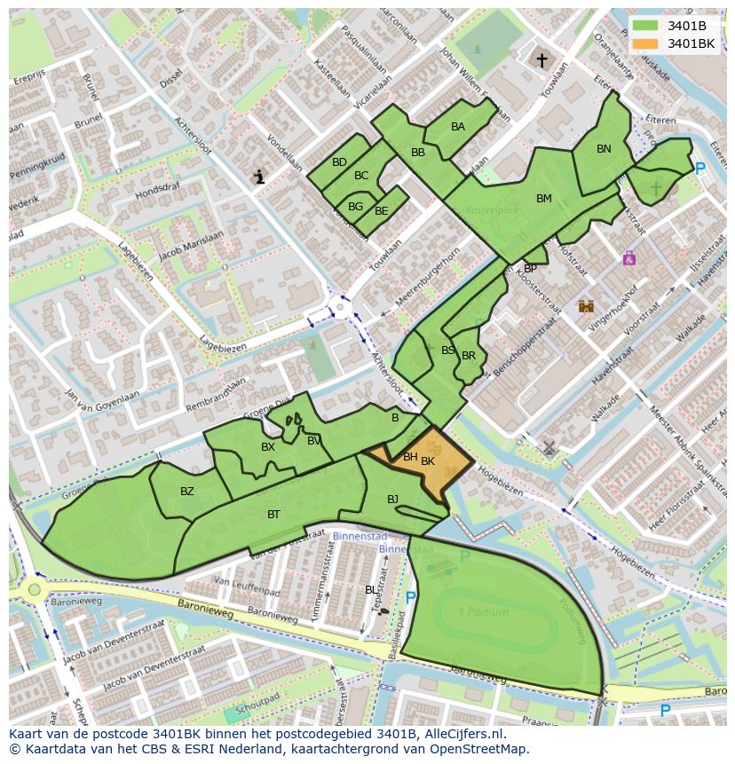 Afbeelding van het postcodegebied 3401 BK op de kaart.