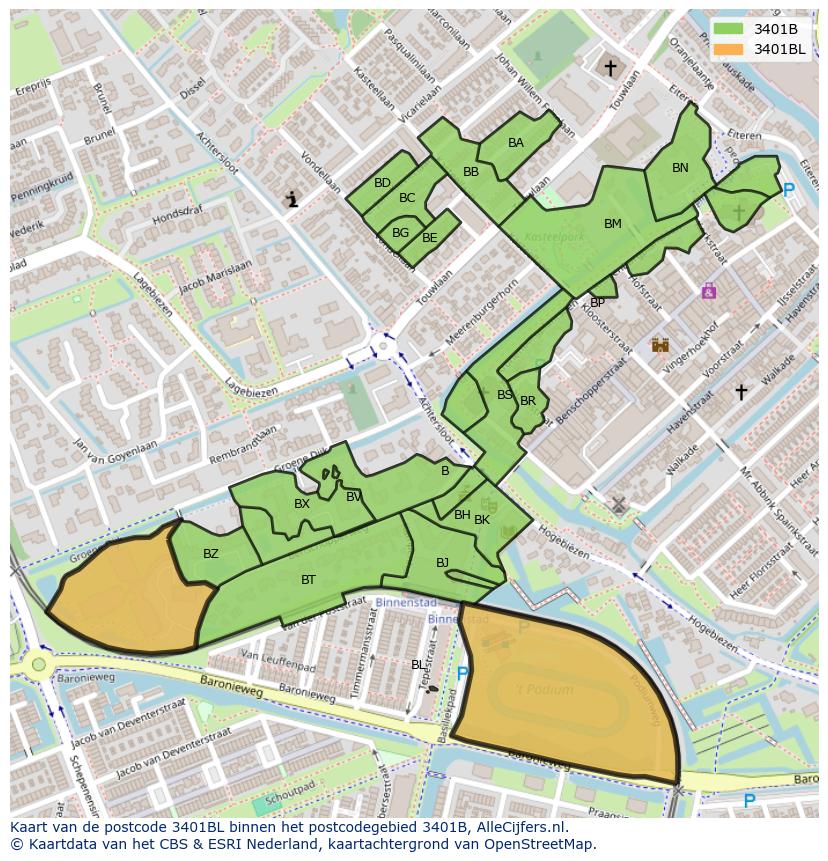 Afbeelding van het postcodegebied 3401 BL op de kaart.