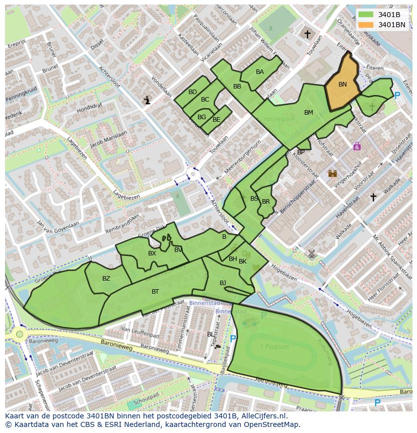 Afbeelding van het postcodegebied 3401 BN op de kaart.