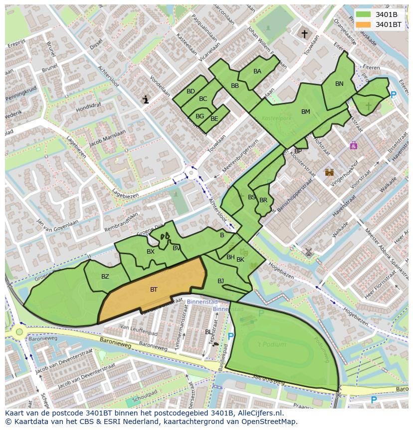 Afbeelding van het postcodegebied 3401 BT op de kaart.