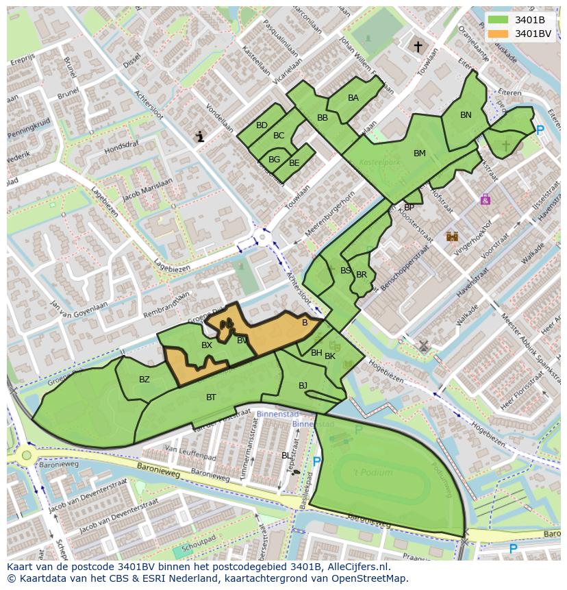 Afbeelding van het postcodegebied 3401 BV op de kaart.