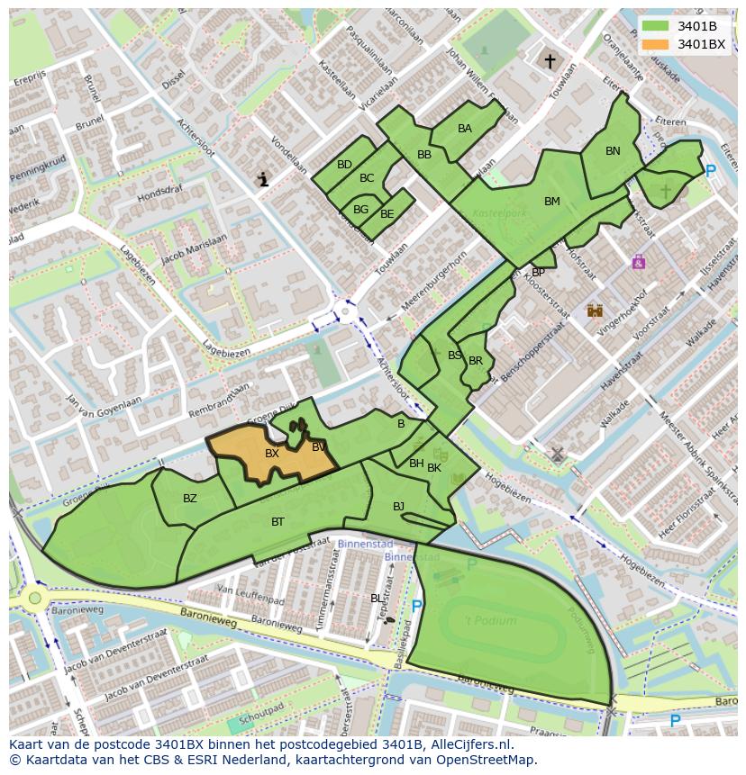 Afbeelding van het postcodegebied 3401 BX op de kaart.