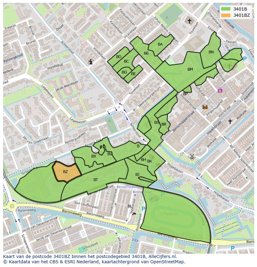 Afbeelding van het postcodegebied 3401 BZ op de kaart.