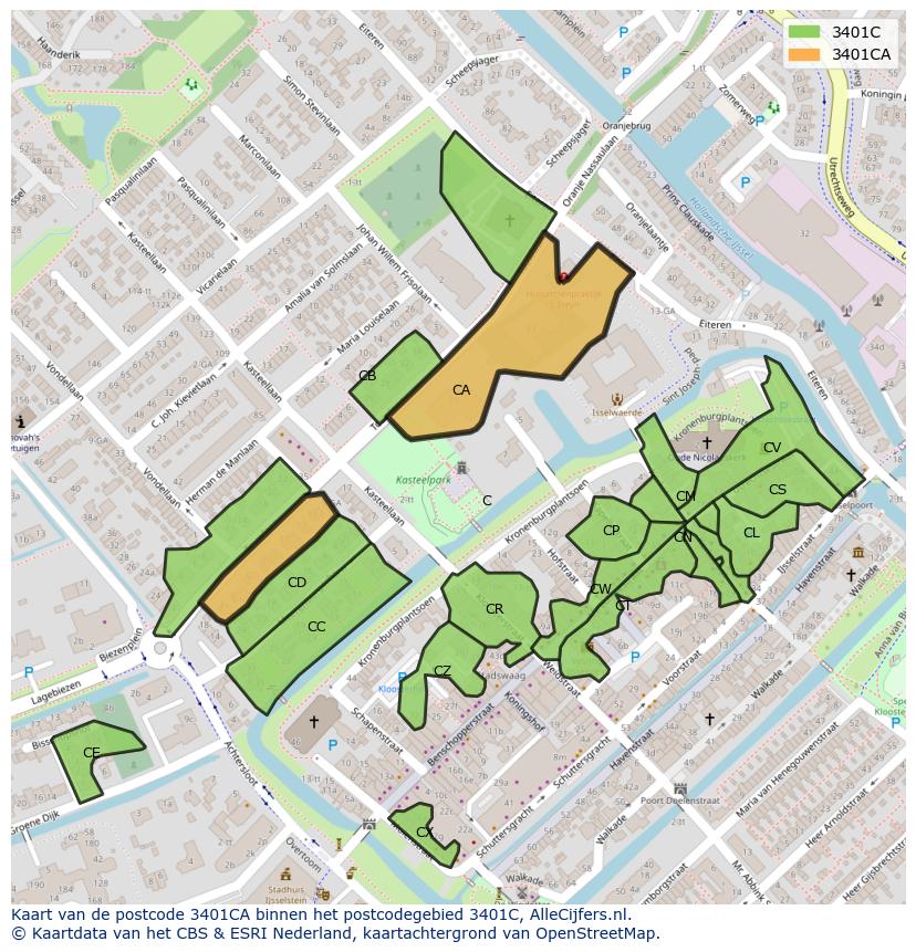 Afbeelding van het postcodegebied 3401 CA op de kaart.