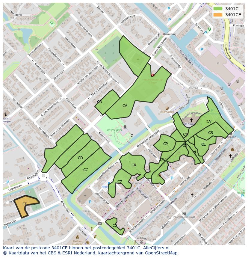 Afbeelding van het postcodegebied 3401 CE op de kaart.