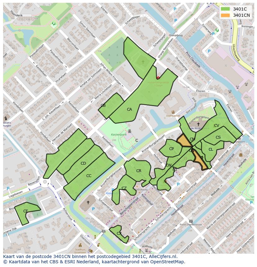 Afbeelding van het postcodegebied 3401 CN op de kaart.