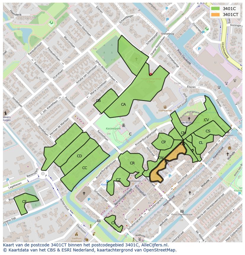 Afbeelding van het postcodegebied 3401 CT op de kaart.