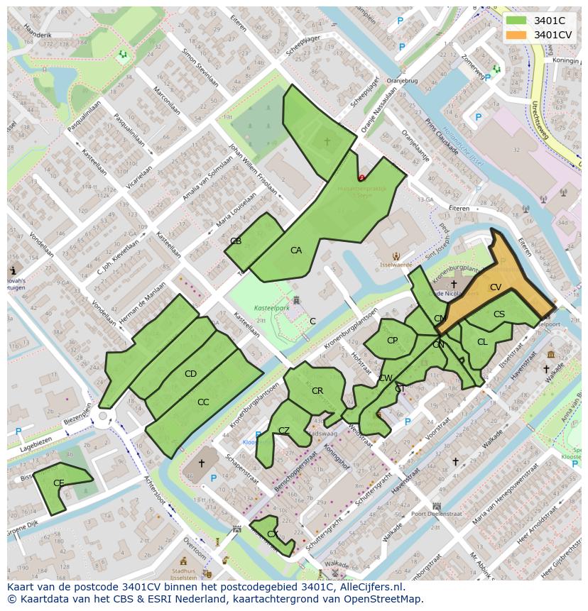 Afbeelding van het postcodegebied 3401 CV op de kaart.