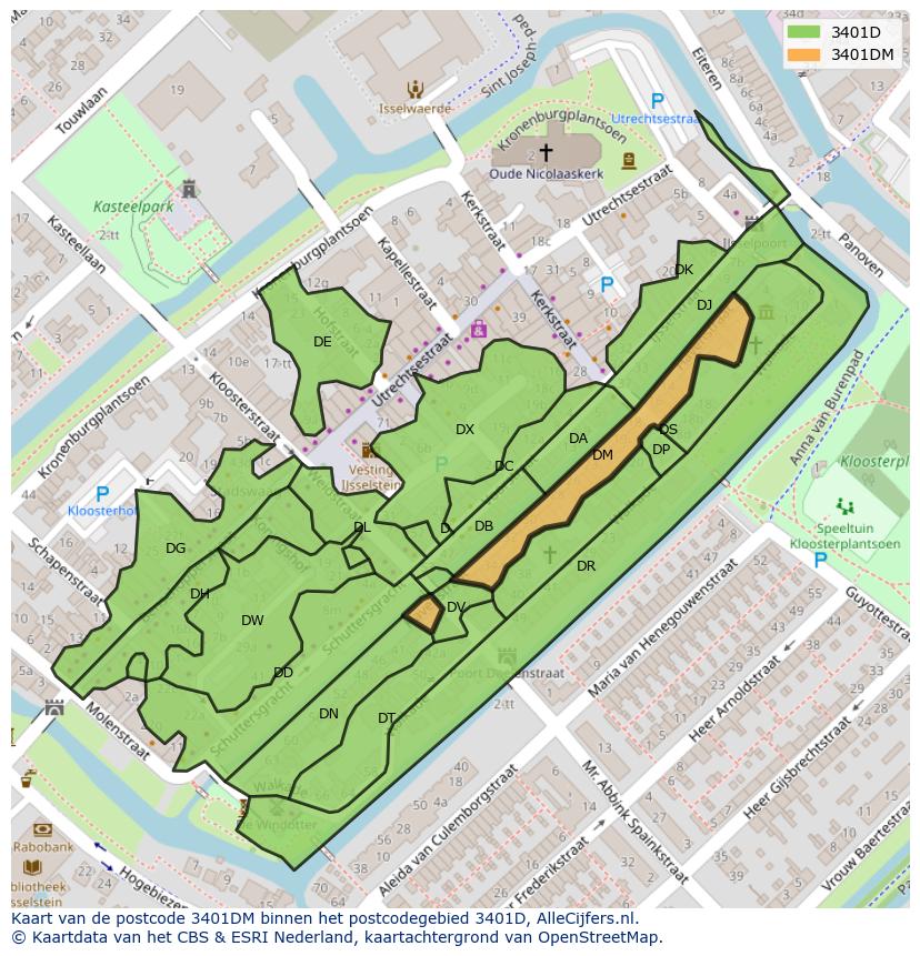 Afbeelding van het postcodegebied 3401 DM op de kaart.