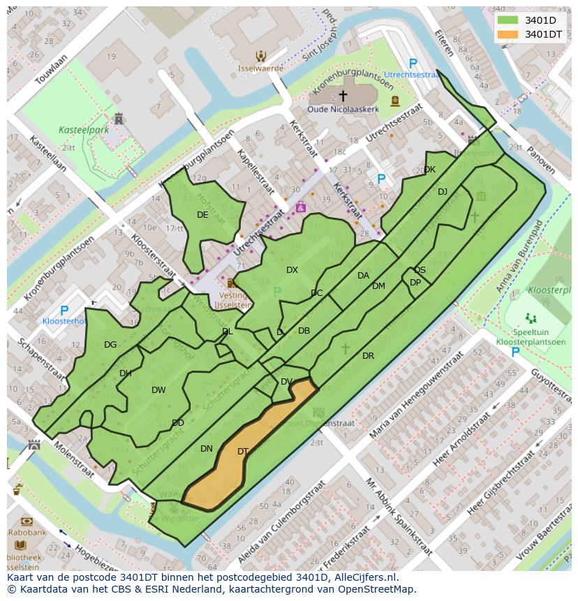 Afbeelding van het postcodegebied 3401 DT op de kaart.