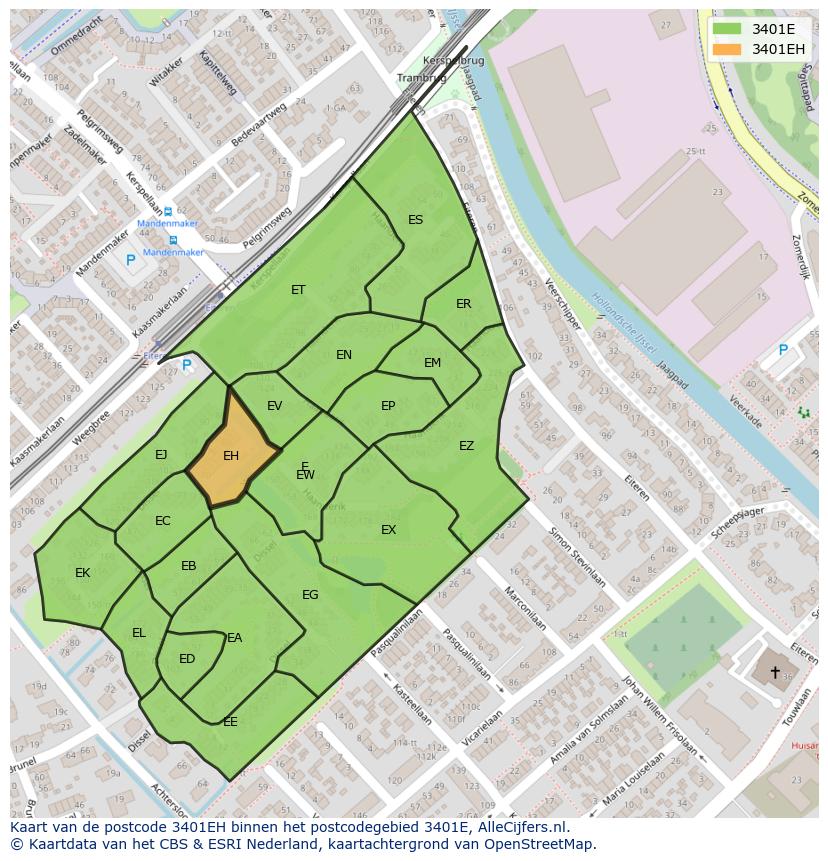 Afbeelding van het postcodegebied 3401 EH op de kaart.