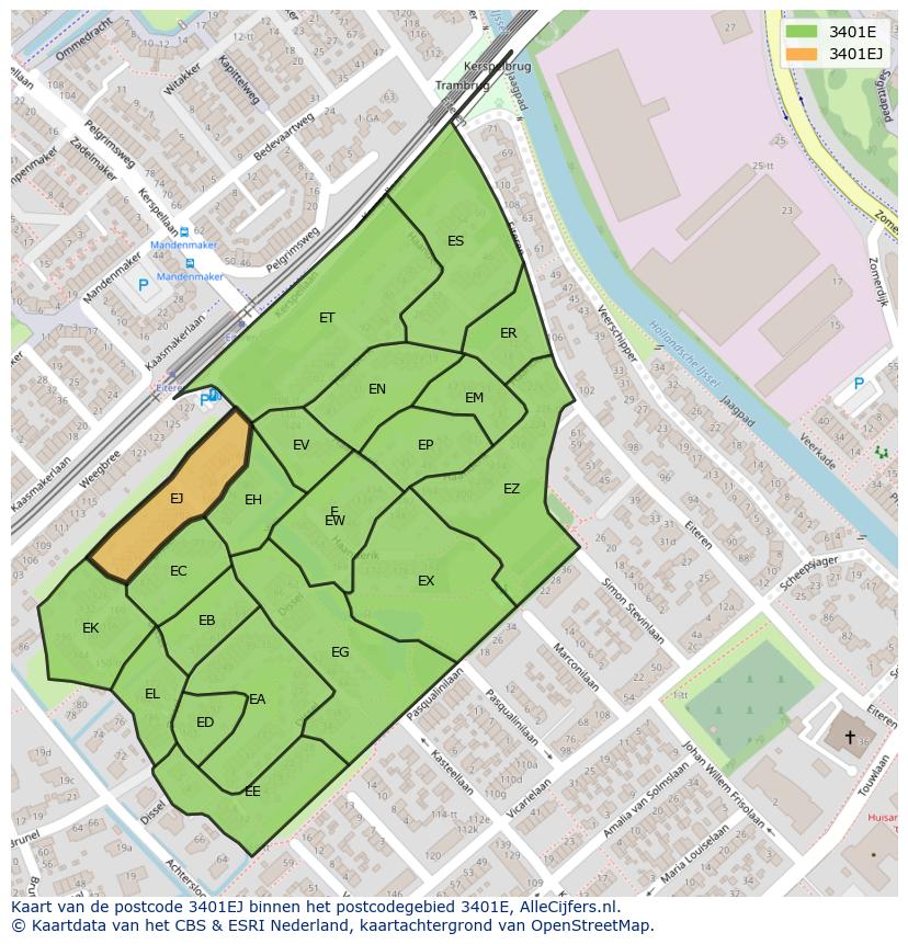 Afbeelding van het postcodegebied 3401 EJ op de kaart.
