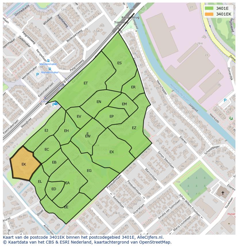 Afbeelding van het postcodegebied 3401 EK op de kaart.