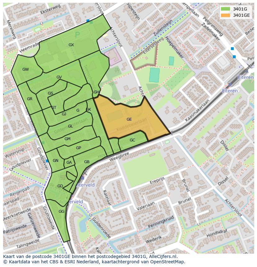 Afbeelding van het postcodegebied 3401 GE op de kaart.