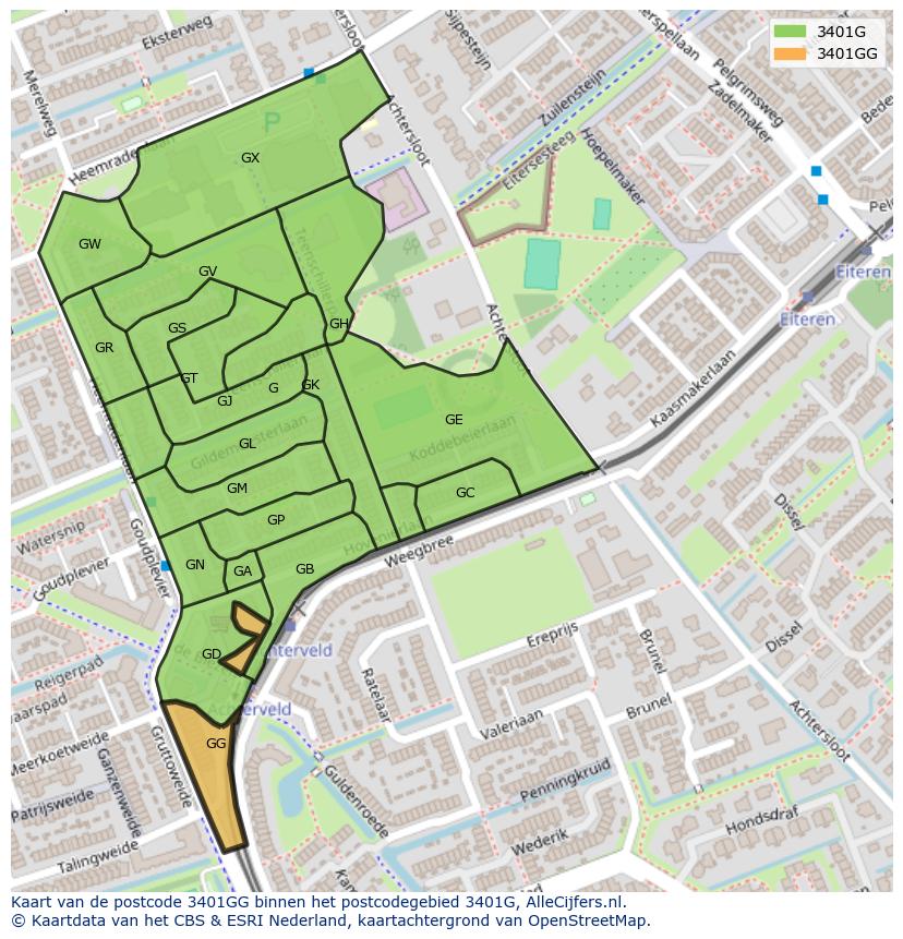 Afbeelding van het postcodegebied 3401 GG op de kaart.