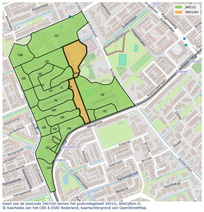 Afbeelding van het postcodegebied 3401 GH op de kaart.