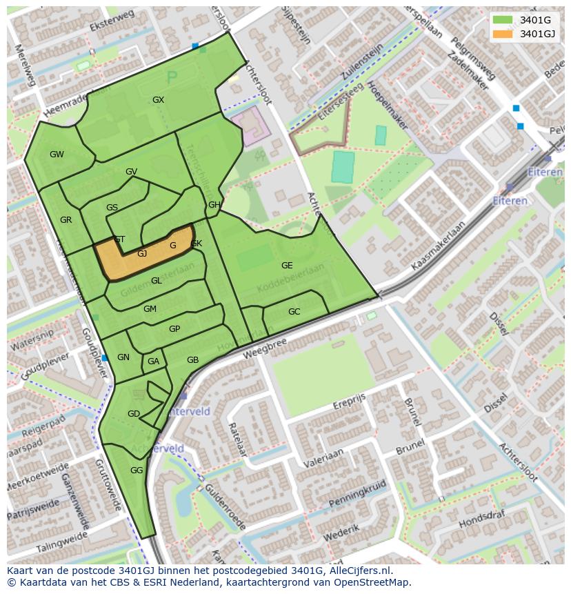 Afbeelding van het postcodegebied 3401 GJ op de kaart.