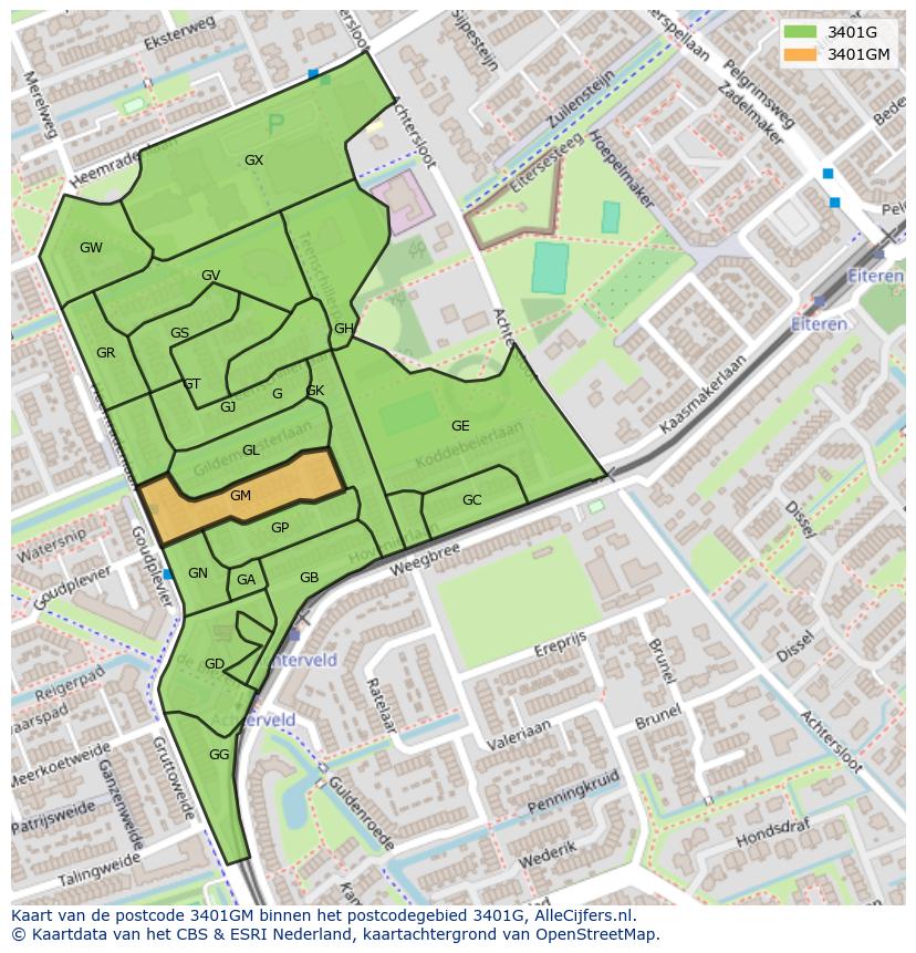 Afbeelding van het postcodegebied 3401 GM op de kaart.