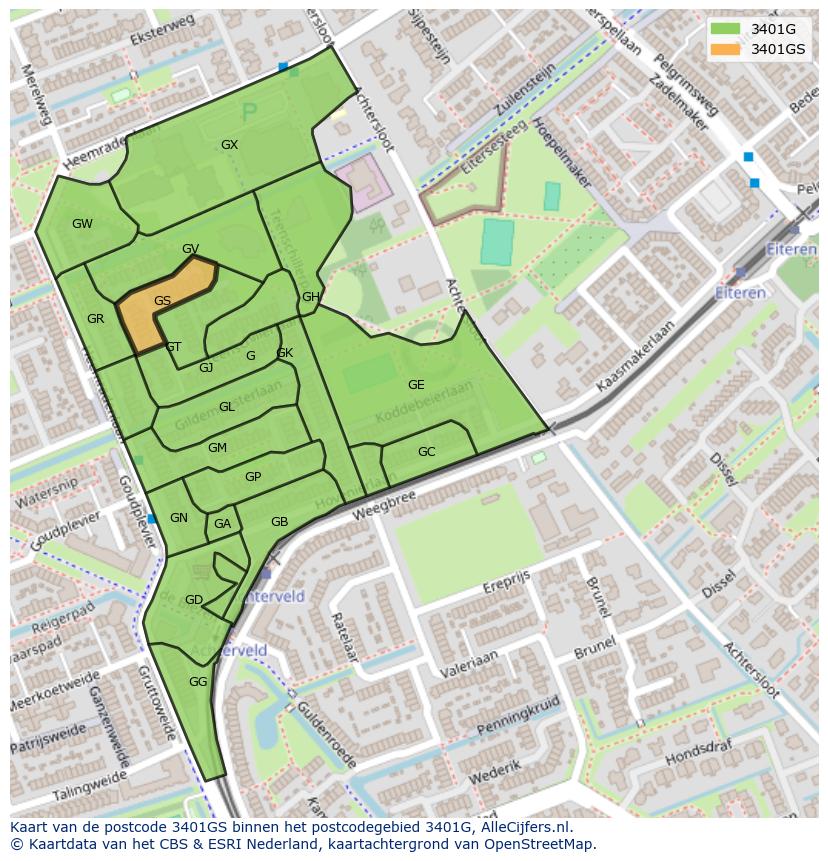 Afbeelding van het postcodegebied 3401 GS op de kaart.