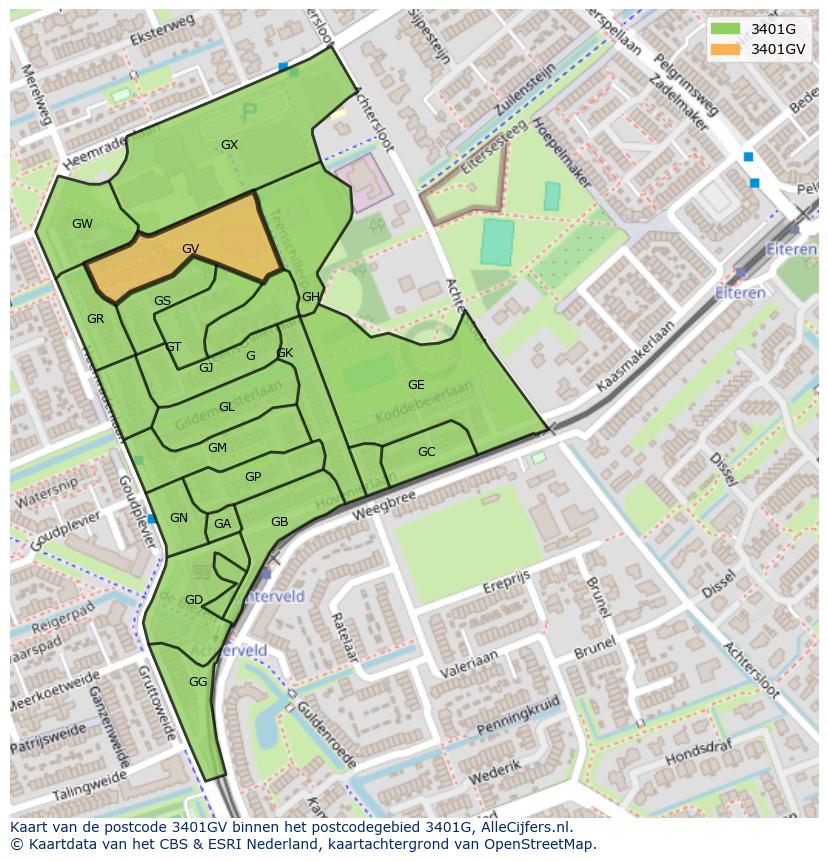 Afbeelding van het postcodegebied 3401 GV op de kaart.