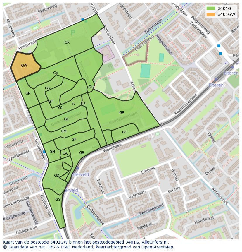 Afbeelding van het postcodegebied 3401 GW op de kaart.