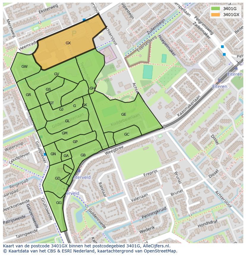 Afbeelding van het postcodegebied 3401 GX op de kaart.